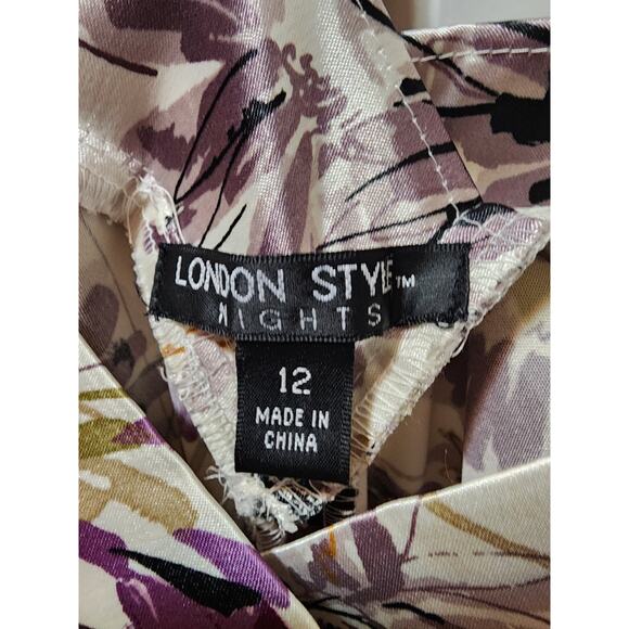 NEW LONDON STYLE NIGHTS Cap Sleeve V Neck Satin Purple Floral Midi Dress Size 12 - Picture 5 of 10